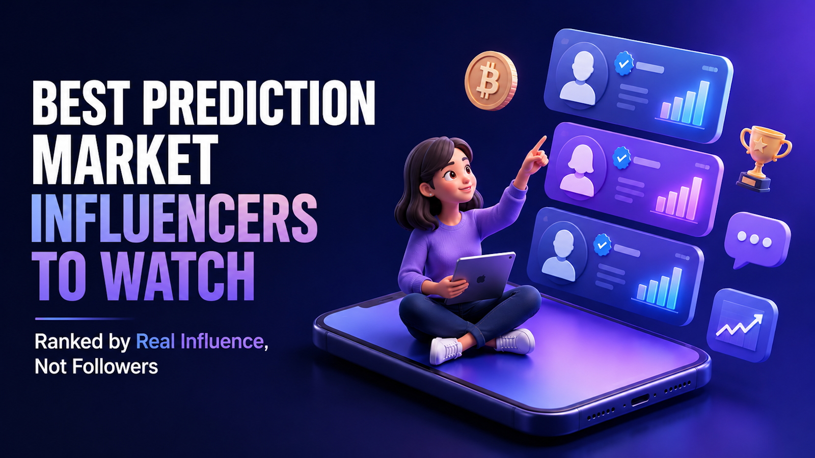 Cover illustration for an article on the best prediction market influencers, showing a 3D character pointing at ranked social media profile cards with engagement charts, alongside a bitcoin coin and trophy icon.