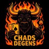 Telegram avatar for ChadsDegens: an illustrated black bull mascot surrounded by flames, holding an ace of spades and a die, with 