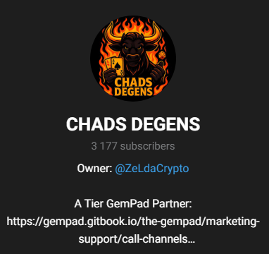 Telegram profile page for Chads Degens, a crypto call channel with 3,177 subscribers.