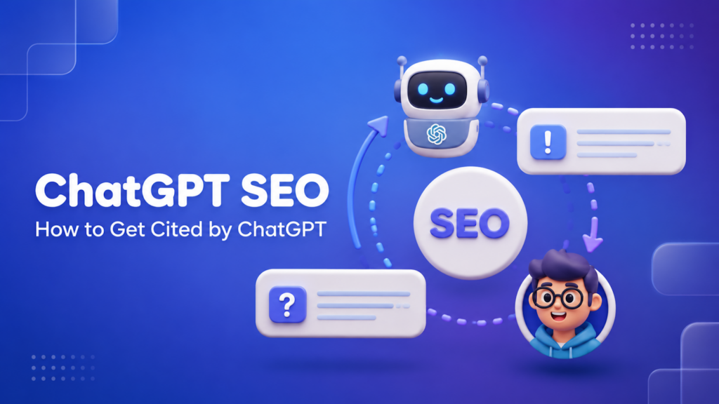 Cover illustration for a ChatGPT SEO guide, showing a robot representing ChatGPT exchanging a question and answer with a person, connected by an SEO icon in the center.