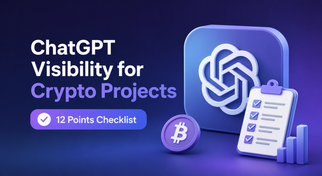 ChatGPT Visibility for Crypto Projects cover with a 12-point checklist, ChatGPT logo, crypto coin, and analytics icons.