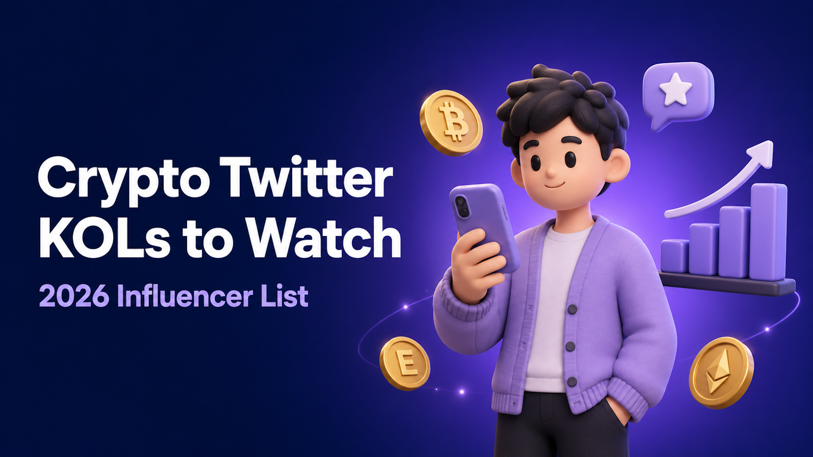 Image for a 2026 crypto Twitter KOL list, showing an illustrated person holding a smartphone next to a rising bar chart, a star rating icon, and Bitcoin and Ethereum coin icons, with the text 'Crypto Twitter KOLs to Watch, 2026 Influencer List.'