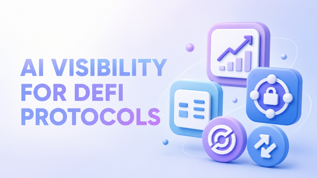 AI Visibility for DeFi Protocols cover image with soft 3D blue and purple technology icons representing analytics, infrastructure, security, and blockchain.