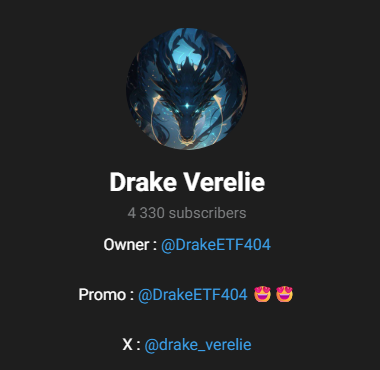 Telegram profile page for Drake Verelie, a crypto promo channel with 4,330 subscribers.