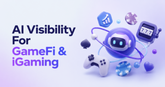 Cover image for AI Visibility for GameFi & iGaming with a futuristic AI bot, game controller, slot machine, poker chip, and analytics icon.