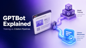 Cover illustration showing a webpage passing through a robots.txt gate that splits into two paths: one feeding GPTBot's model training, the other feeding ChatGPT citations with sources.