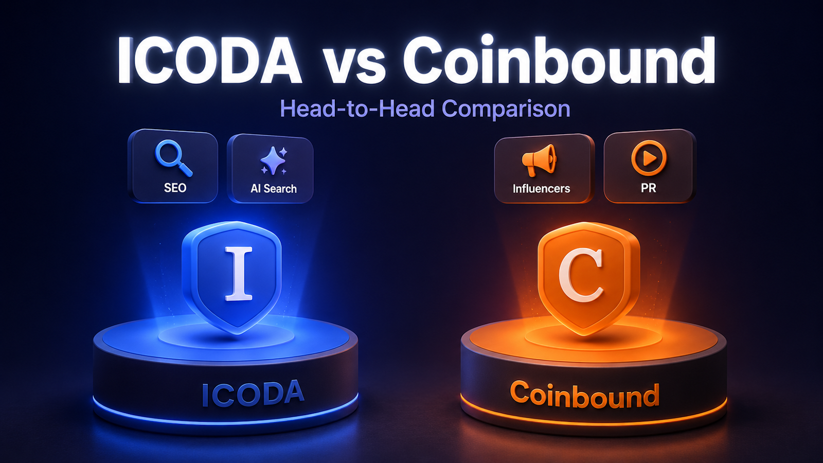 ICODA vs Coinbound comparison graphic showing ICODA's SEO and AI search focus versus Coinbound's influencer and PR strengths.