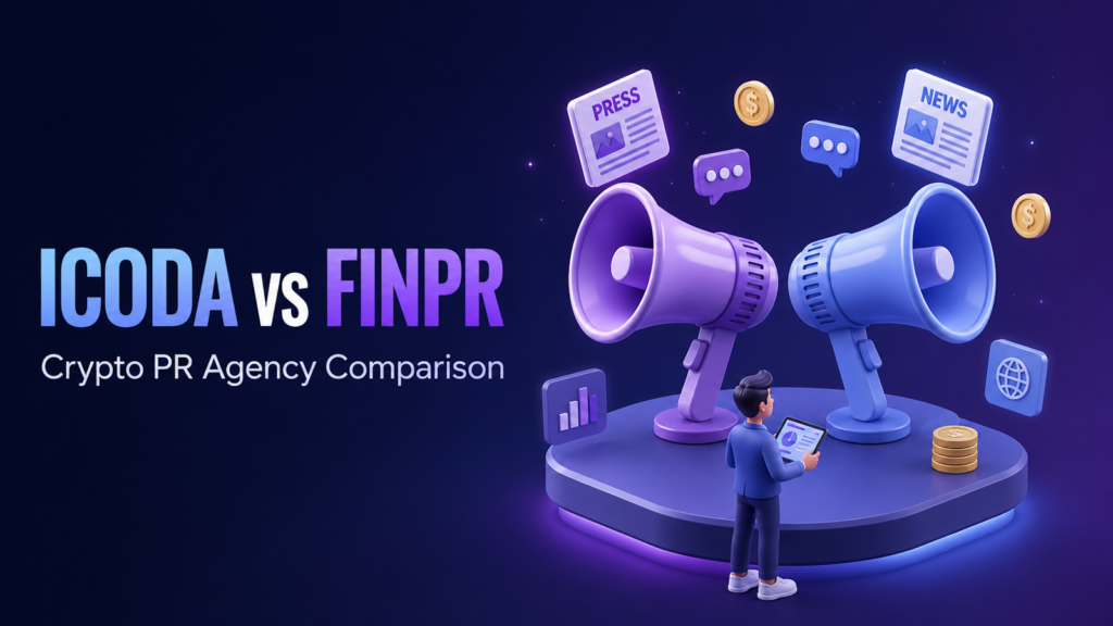 ICODA vs FINPR crypto PR agency comparison, showing two megaphones representing each agency's media distribution and press outreach.