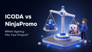 ICODA vs NinjaPromo comparison graphic showing a balance scale weighing crypto blockchain cubes against iGaming poker chips and cards, illustrating which marketing agency fits crypto and iGaming projects.