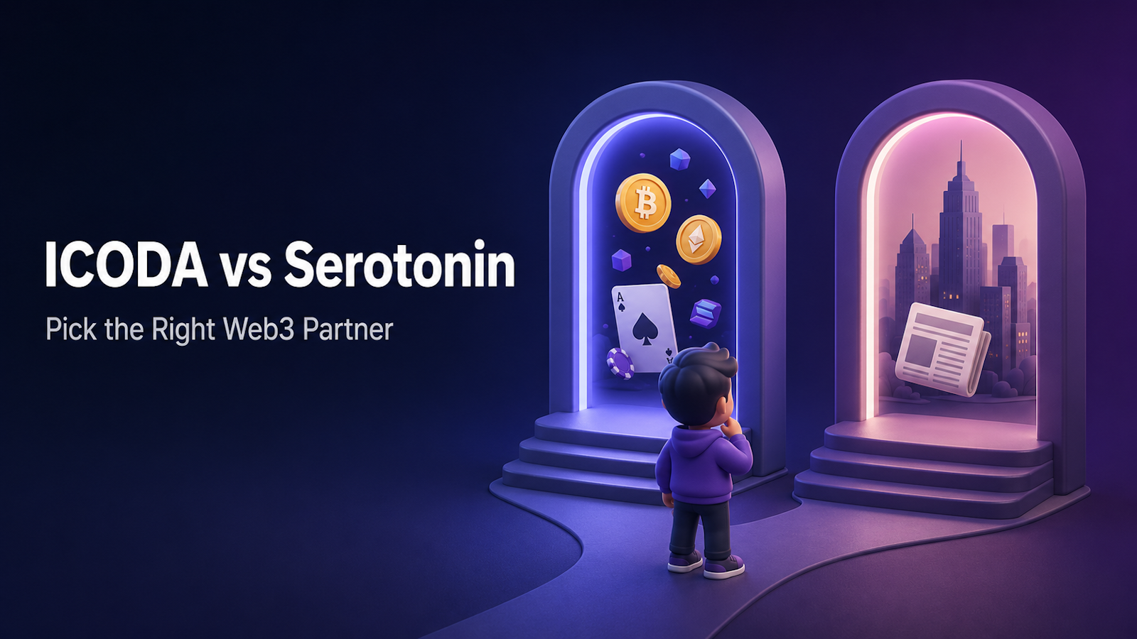 Illustration comparing ICODA and Serotonin as Web3 marketing agencies, showing a figure choosing between a crypto and iGaming doorway with Bitcoin, Ethereum, and casino card icons, and a corporate go-to-market doorway with a city skyline and newspaper, representing the choice between the two firms.