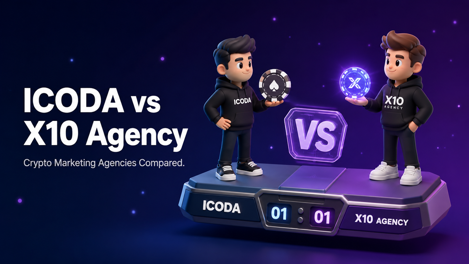 ICODA and X10 Agency mascots face off on a scoreboard podium, comparing casino chip and crypto token icons for a crypto marketing agency comparison.