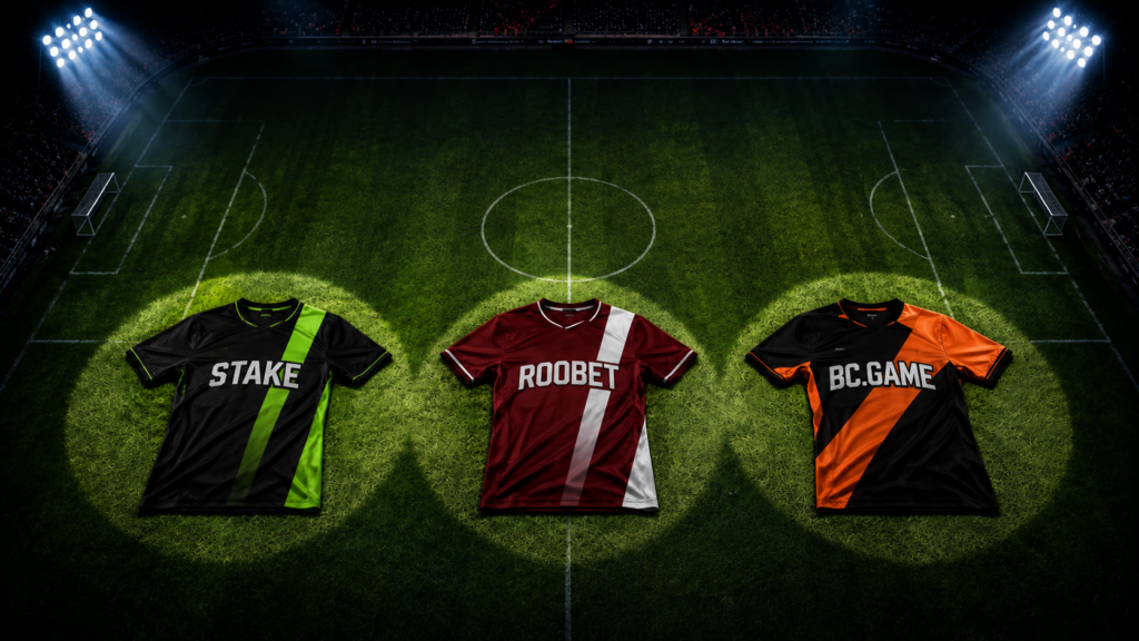 Three soccer jerseys on a stadium pitch representing Stake, Roobet, and BC.Game, illustrating a comparison of the three iGaming brands' online reputations.