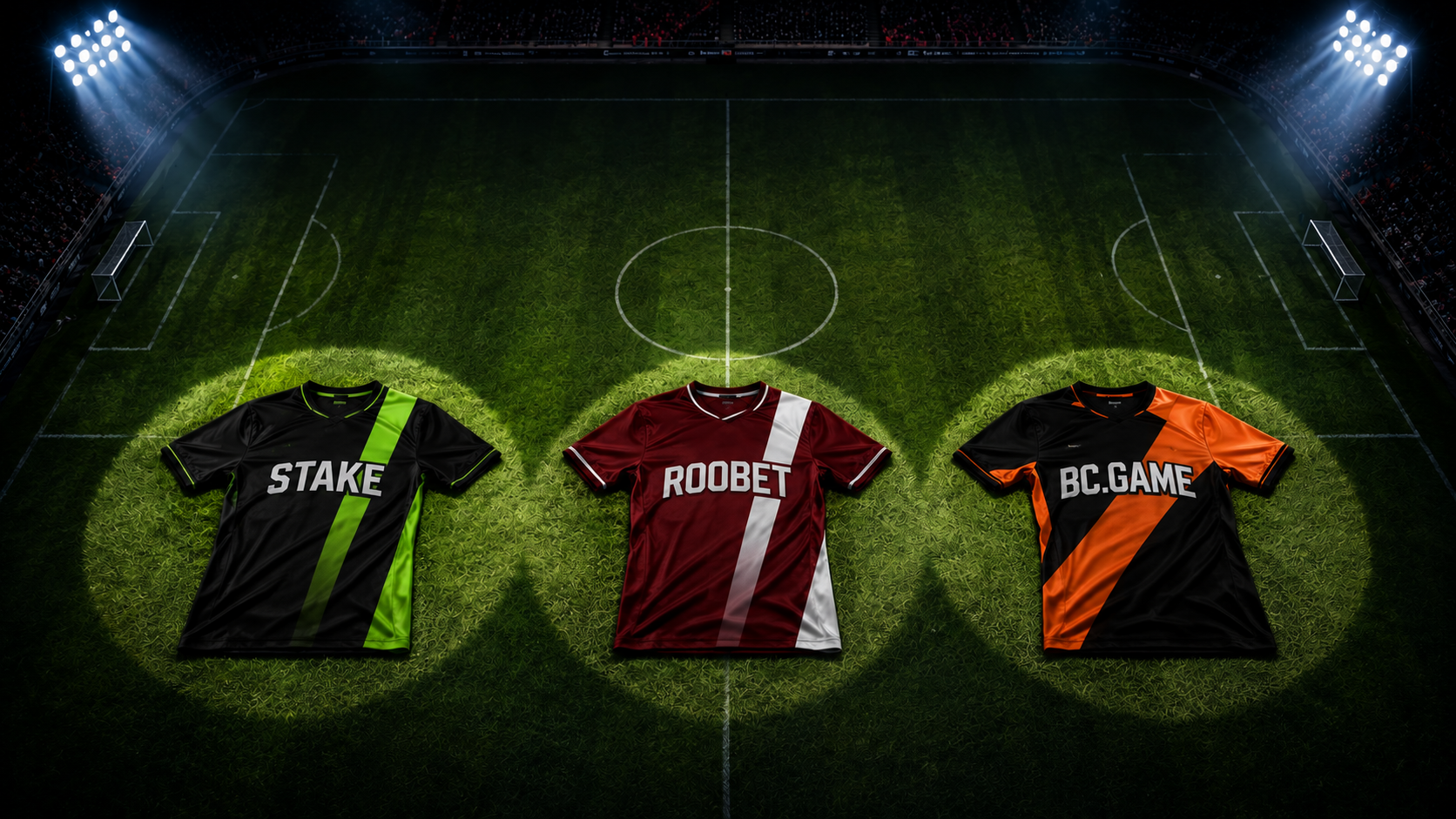 Three soccer jerseys on a stadium pitch representing Stake, Roobet, and BC.Game, illustrating a comparison of the three iGaming brands' online reputations.