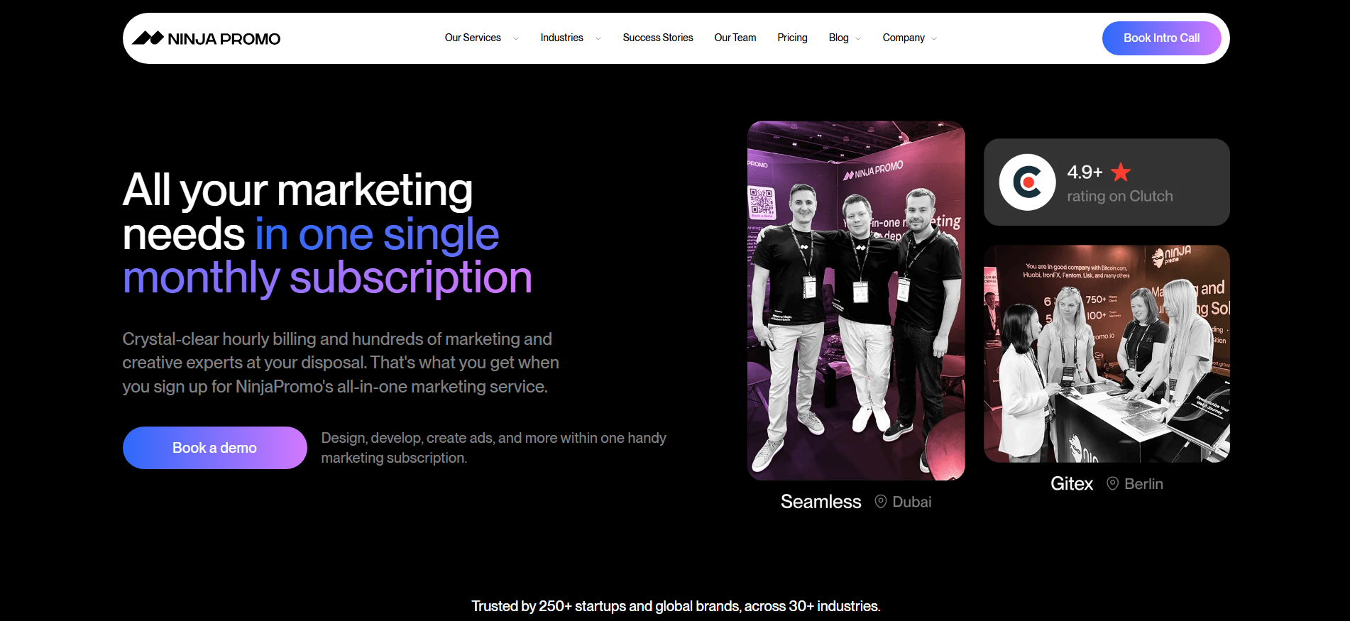 Screenshot of the NinjaPromo homepage, a subscription-based marketing-as-a-service company. 