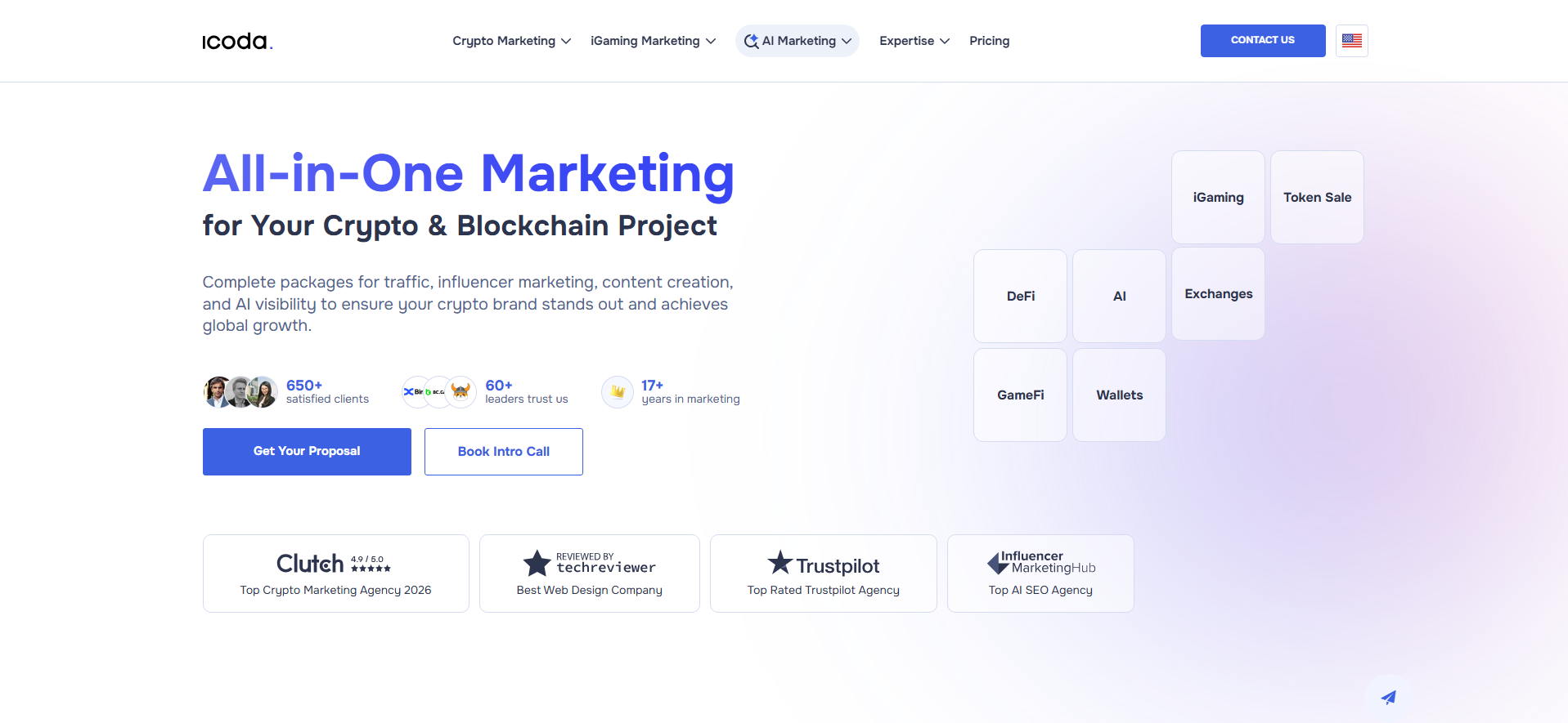 Screenshot of the ICODA homepage, an all-in-one crypto and blockchain marketing agency.