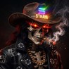Telegram avatar for kingcowboycasino: an illustrated skull with glowing red eyes wearing a brown cowboy hat and leather jacket, smoking a cigar, with a gold chain and the word 