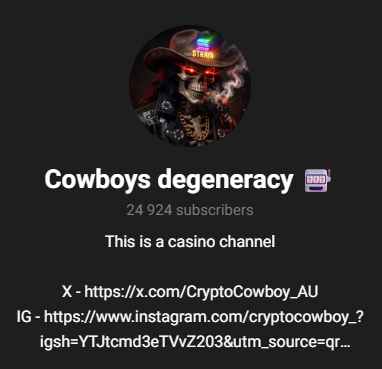 Telegram profile page for Cowboys Degeneracy, a casino-themed crypto channel with 24,924 subscribers.