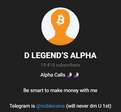 Telegram profile page for D Legend's Alpha, a crypto call channel with 19,415 subscribers.