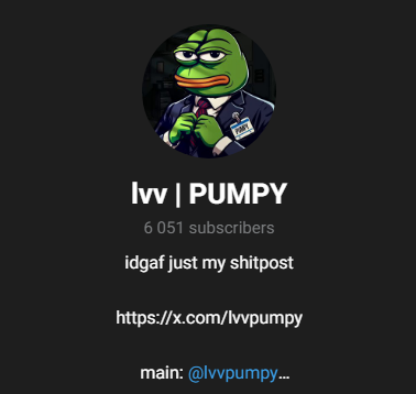 Telegram profile page for lvv | Pumpy, a crypto shitpost channel with 6,051 subscribers.