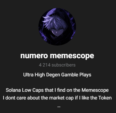 Telegram profile page for numero memescope, an Ethereum-focused degen gamble channel with 4,214 subscribers.