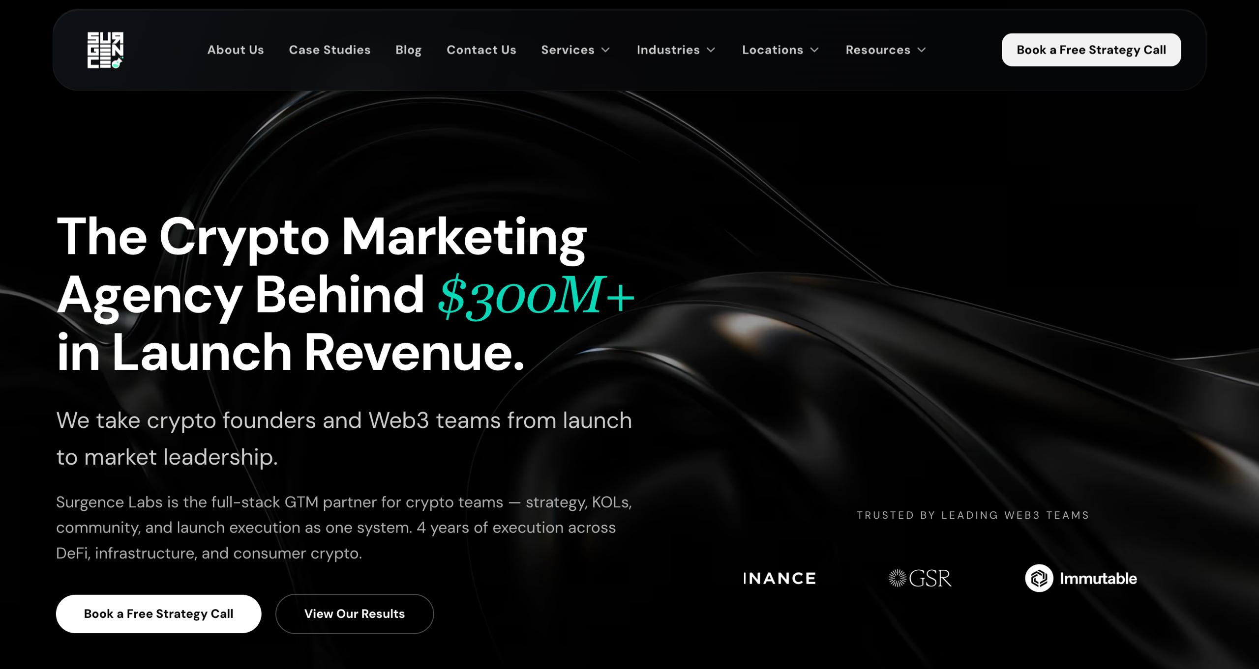 Surgence Labs crypto marketing agency homepage — full-stack GTM partner for Web3 token launches with $300M+ in launch revenue
