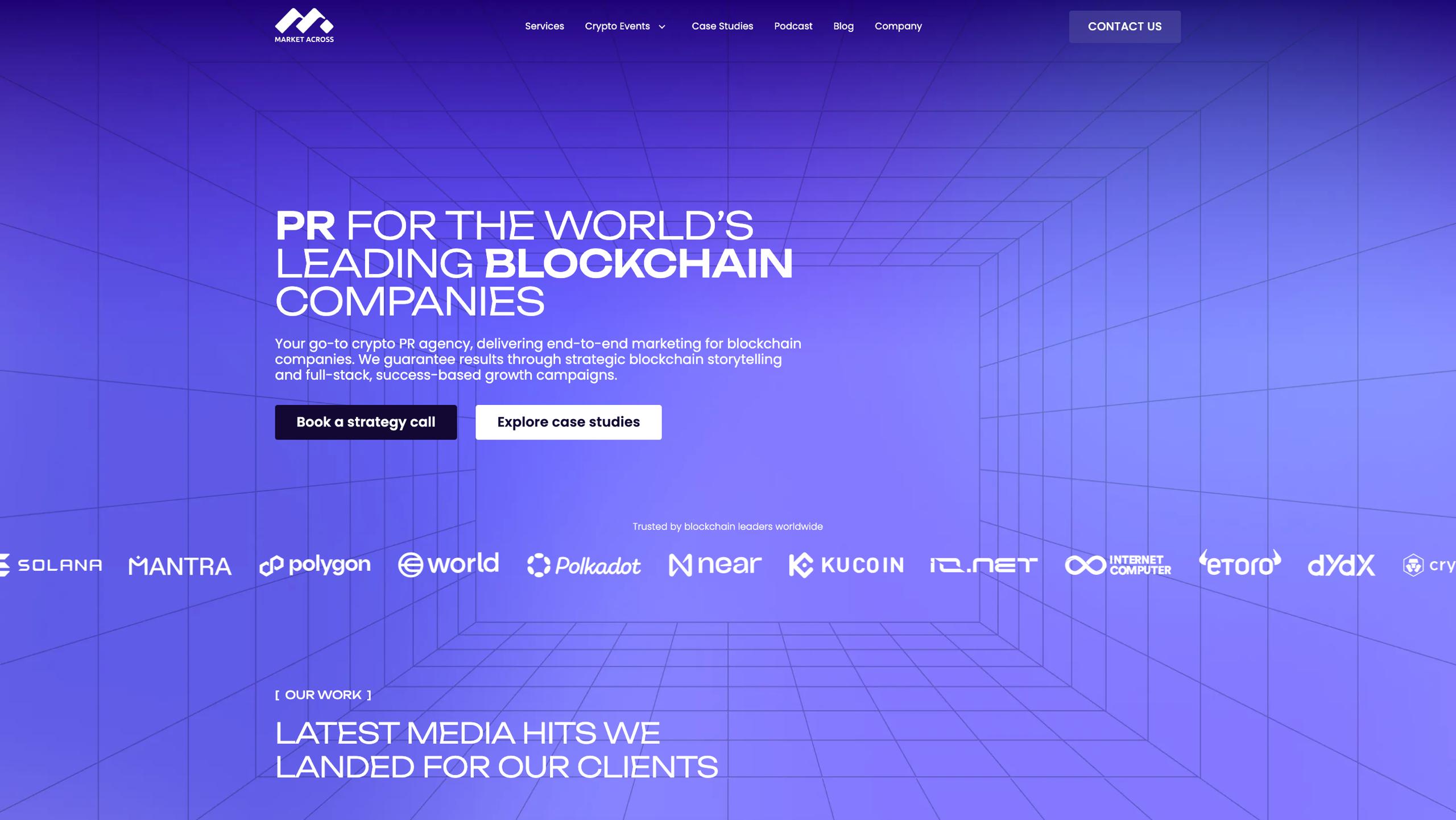 MarketAcross blockchain PR agency homepage — crypto public relations and earned media for Solana, Polygon, Polkadot, and leading Web3 protocols
