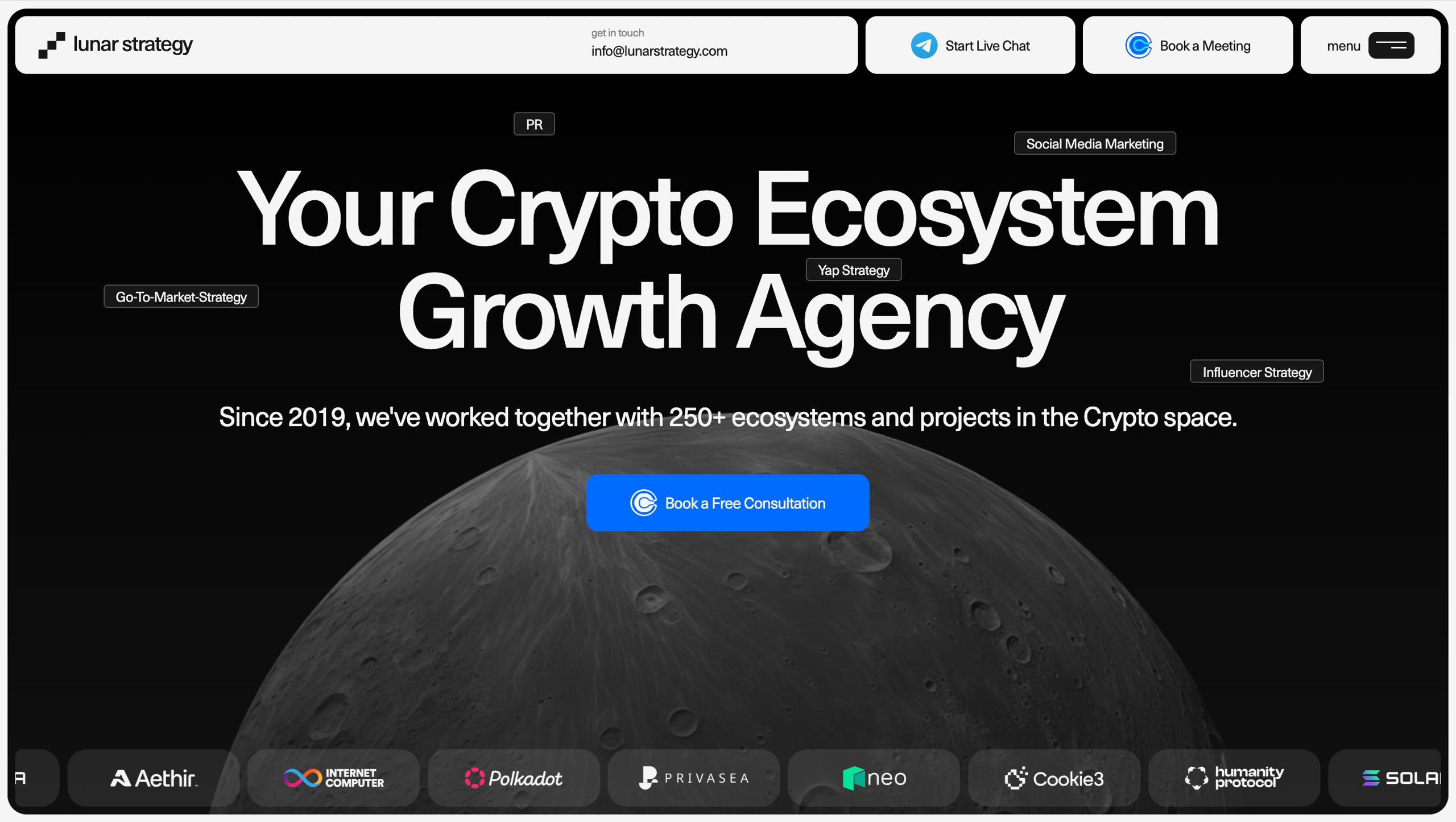 Lunar Strategy crypto ecosystem growth agency homepage — Web3 go-to-market strategy, Yap Strategy, KOL influencer campaigns, and pre-TGE mind-share building since 2019
