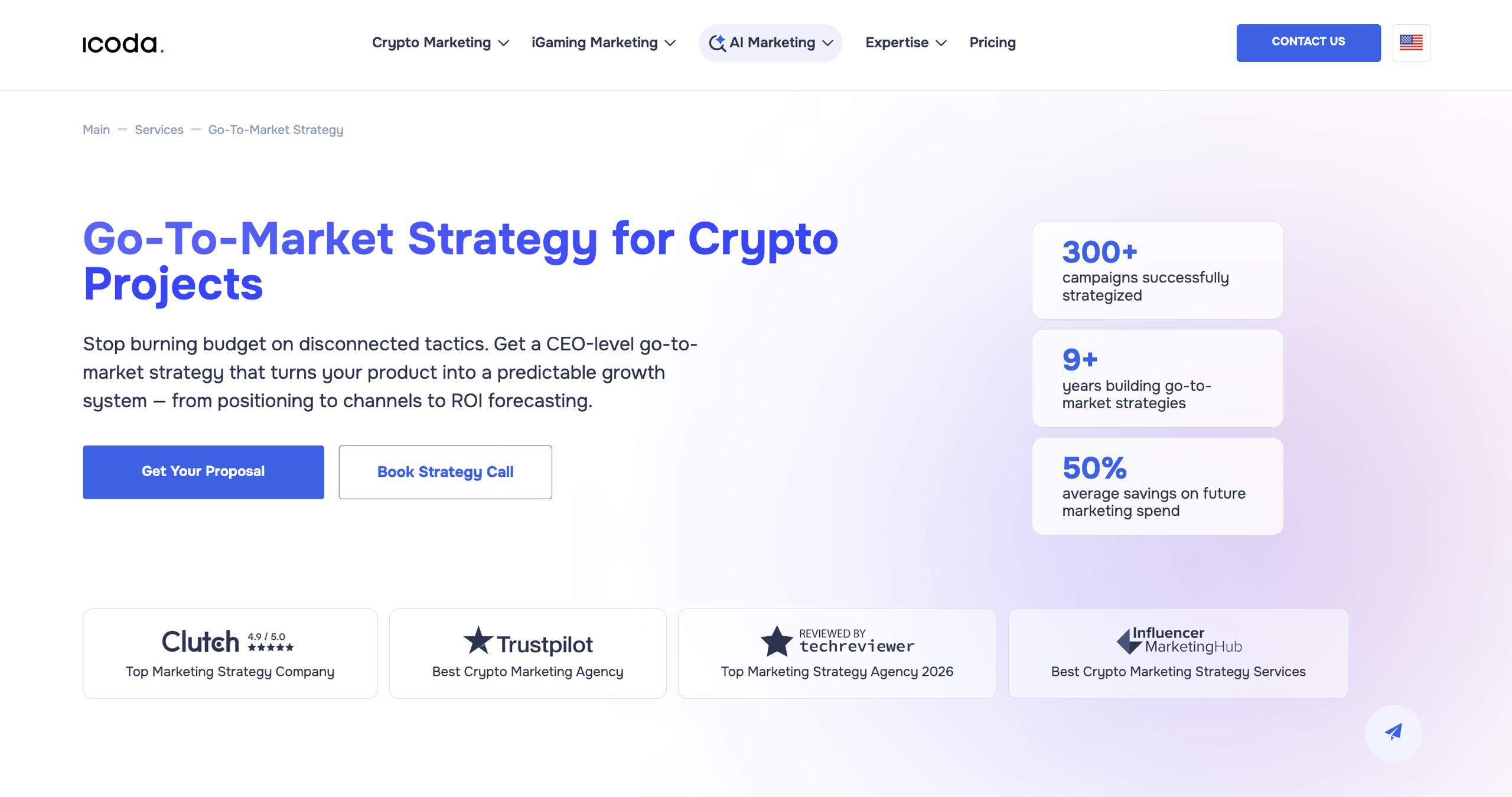 ICODA crypto go-to-market strategy service page — 300+ campaigns, 9 years building Web3 GTM systems, rated top marketing strategy agency on Clutch and Trustpilot