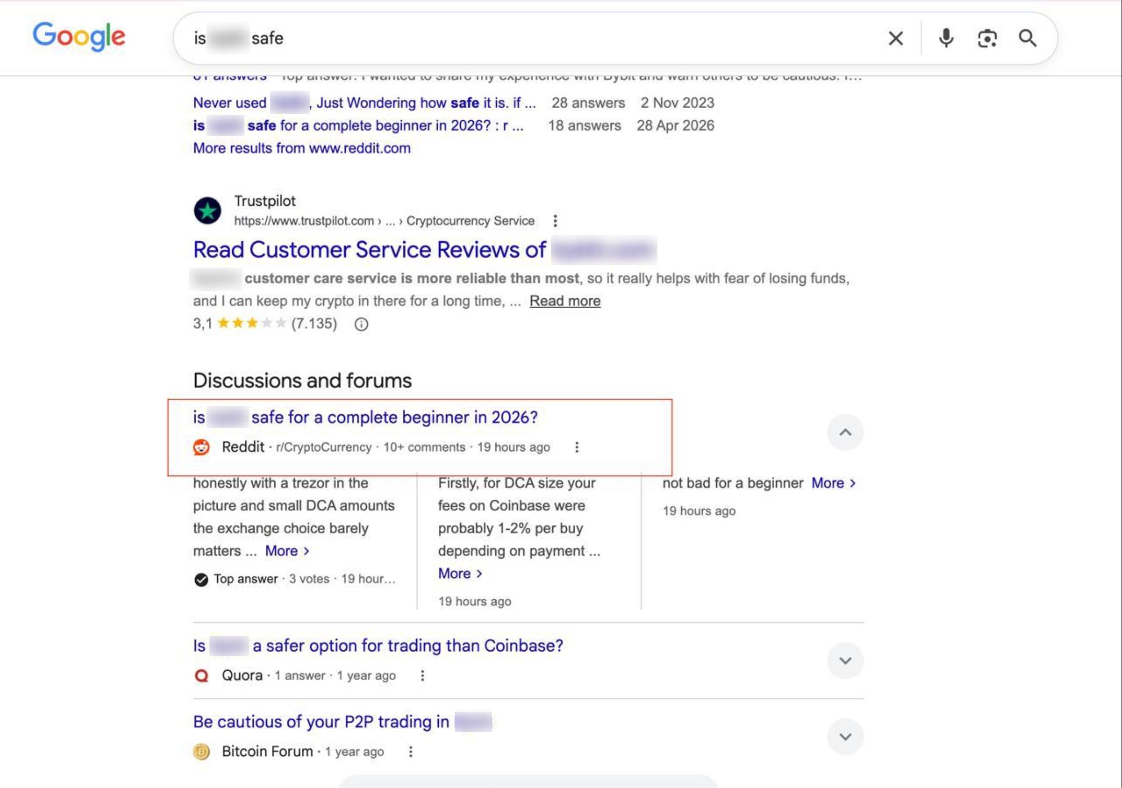 Campaign thread ranking in Google's "Discussions and forums" feature for an "[exchange] safe" query — outranking third-party review aggregators