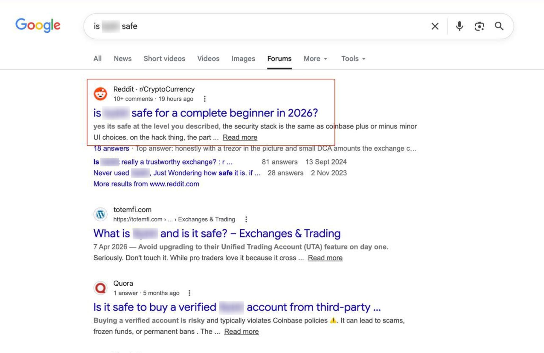 The same thread holds the top position in Google's dedicated Forums tab — the most visible placement for trust-driven search queries