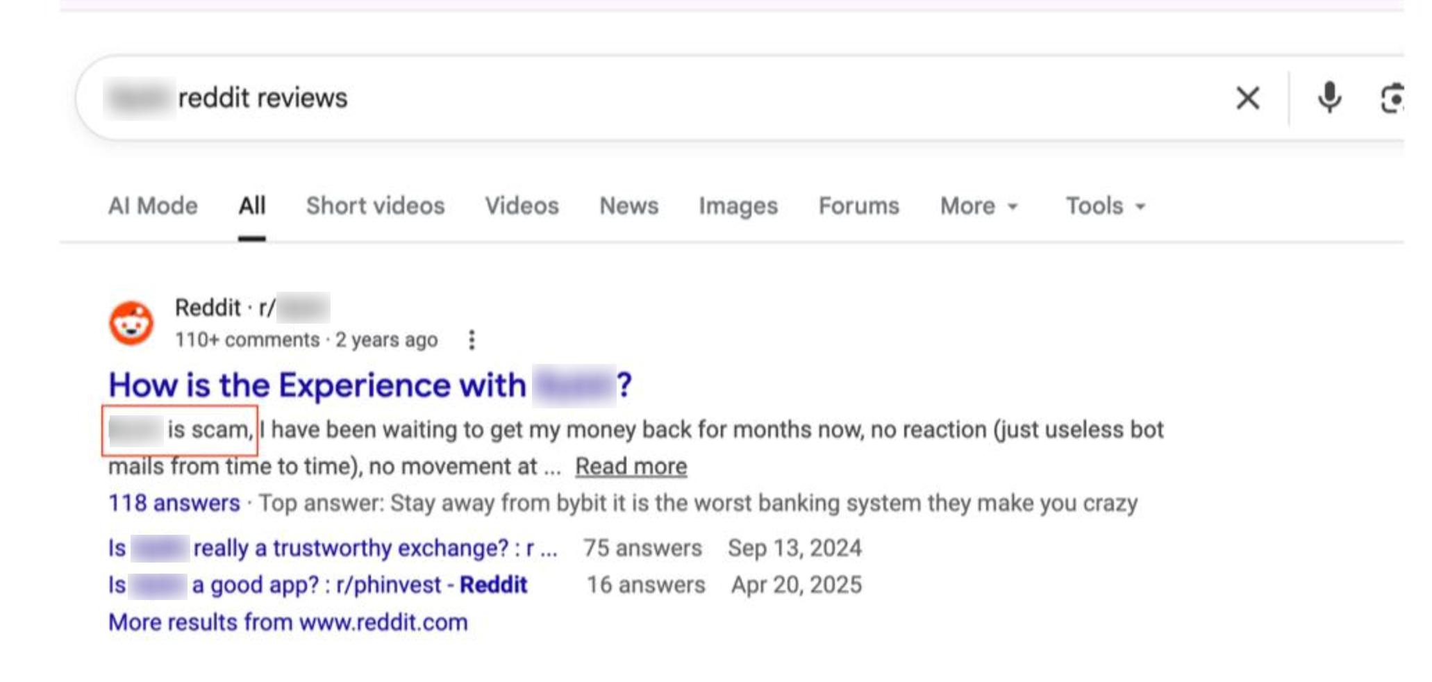 Pre-campaign Google SERP: "Bybit is scam" surfaced as the lead snippet for a branded Reddit search