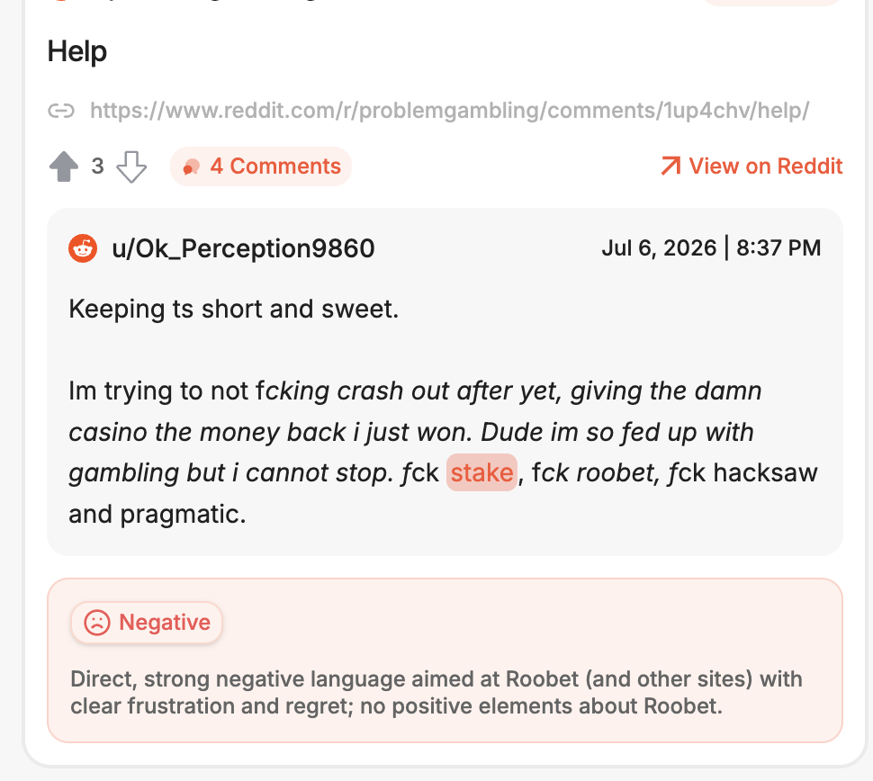 Reddit post on r/problemgambling in which a user describes struggling to stop gambling and names several platforms, including Stake and Roobet, in the context of a personal gambling crisis.
