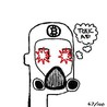 Telegram avatar for Pyro Trading Journal: a hand-drawn gas mask icon with a Bitcoin symbol on the forehead, red starburst eyes, and a speech bubble reading 