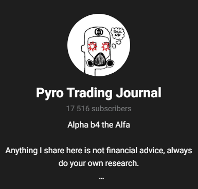 Telegram profile page for Pyro Trading Journal, a crypto call channel with 17,516 subscribers.