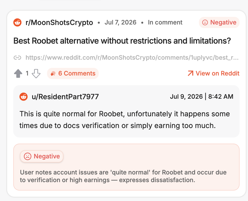 Reddit comment on r/MoonShotsCrypto asking for a Roobet alternative without account restrictions, with a reply describing account limits as normal due to verification or high winnings.