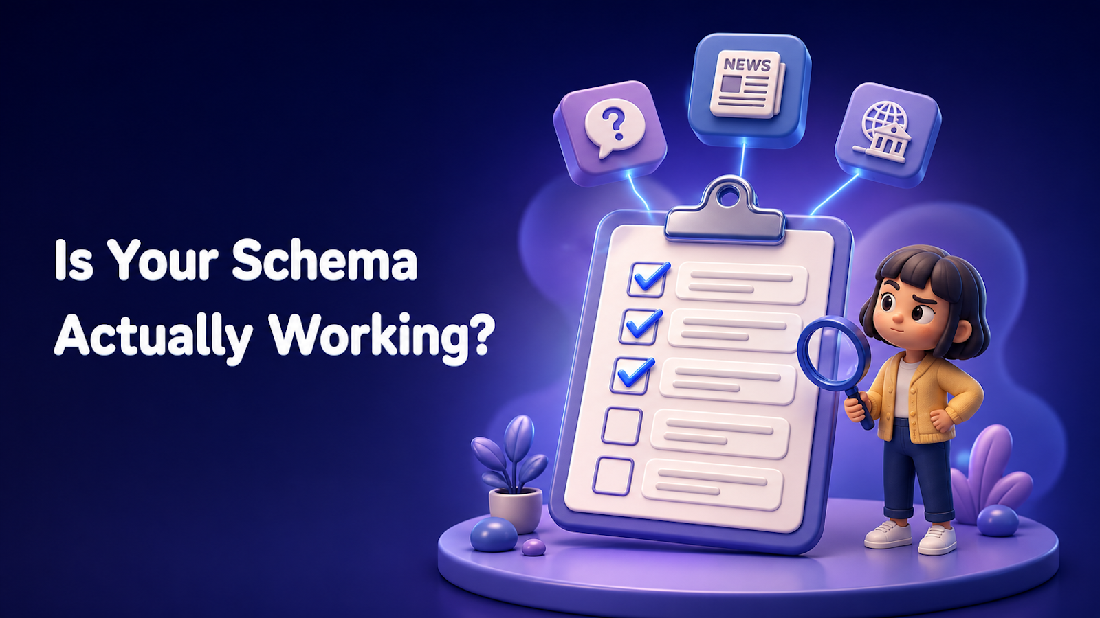 Illustration of a giant clipboard checklist with three checked boxes, glowing FAQ, news, and organization icons above it, and a character examining the list with a magnifying glass — representing a schema markup SEO checklist for FAQPage, Article, and Organization schema.