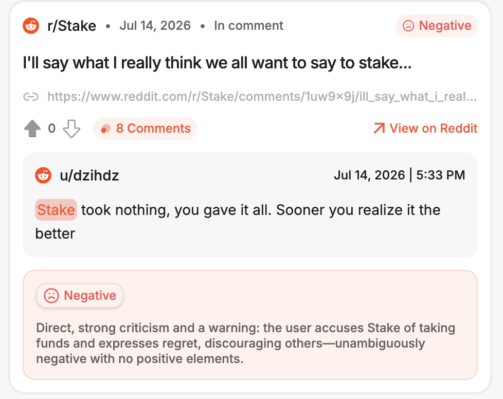 Reddit comment on r/Stake accusing the platform of taking money from users, representing direct negative sentiment toward the brand.