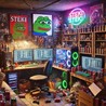Telegram avatar for stekibasedment: an illustrated cluttered desk setup with multiple computer monitors, energy drink cans, neon signage, and framed cartoon frog artwork on the walls.