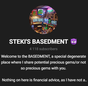Telegram profile page for Steki's Basedment, a degenerate crypto gems channel with 4,118 subscribers.