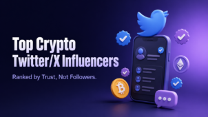 Cover image for an article on top crypto Twitter/X influencers, showing a 3D smartphone with a profile list, a Twitter bird icon, verified checkmark badges, and Bitcoin and Ethereum coin icons, with the text 'Top Crypto Twitter/X Influencers, Ranked by Trust, Not Followers`.