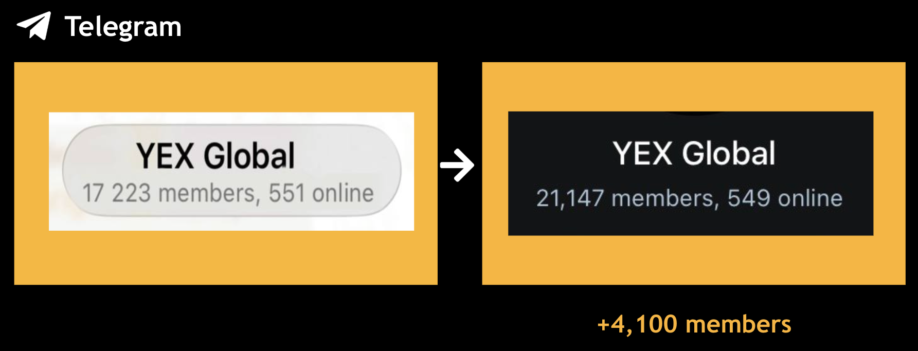 YEX Global Telegram community before-and-after: 17,223 to 21,147 members, +4,100 gained through crypto community building