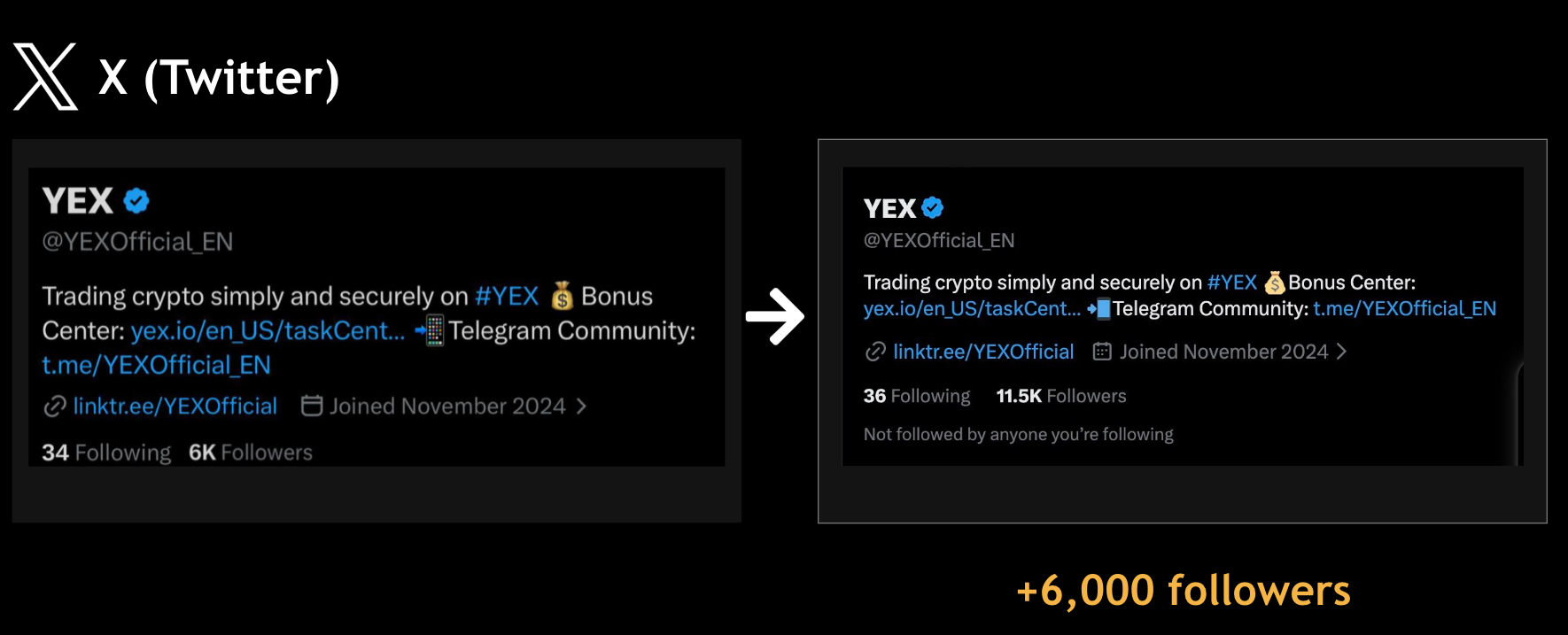 X (Twitter) before-and-after showing @YEXOfficial_EN growing from 6K to 11.5K followers during a crypto community building campaign