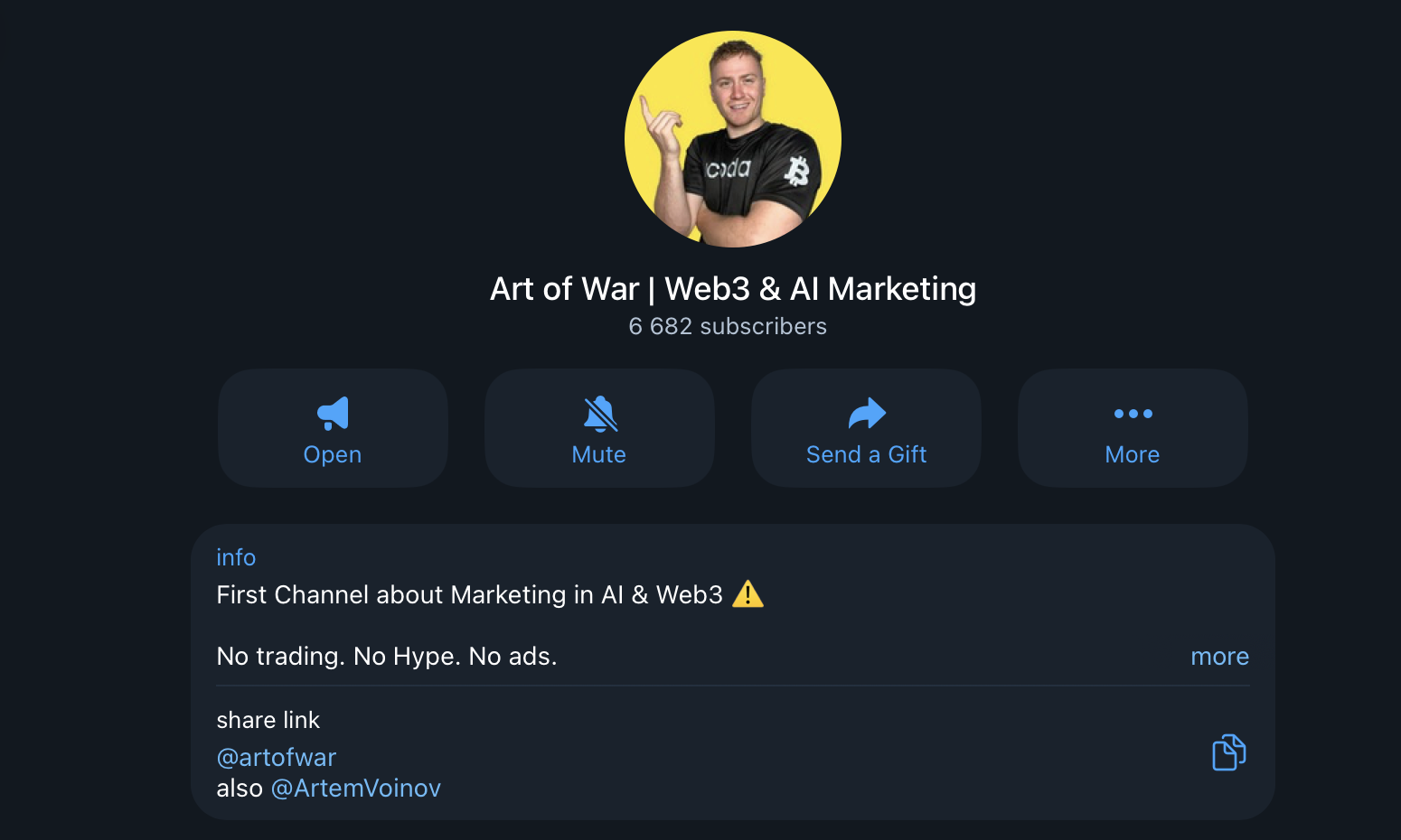 Telegram channel Art of War Web3 and AI Marketing showing 6,682 subscribers built from zero as a B2B social proof asset