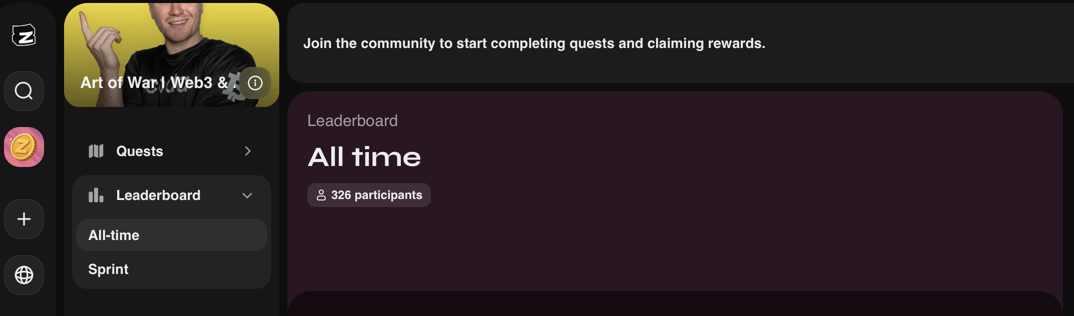 Zealy community leaderboard for Art of War Web3 and AI Marketing showing 326 all-time participants in the quest program