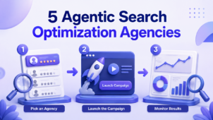 5 Agentic Search Optimization Agencies cover showing a three-step process: selecting an agency, launching a campaign, and monitoring results.