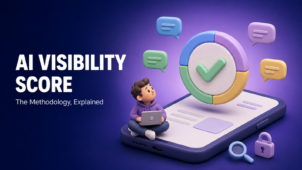 Illustration of a person checking an AI visibility score gauge on a phone, surrounded by chatbot icons for ChatGPT, Claude, Perplexity, and Gemini, cover art for ICODA's free AI Visibility Checker methodology guide.