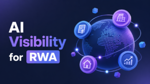 AI visibility for real-world assets (RWA) illustrated with a 3D digital globe, AI icons, and analytics symbols in blue and purple tones.