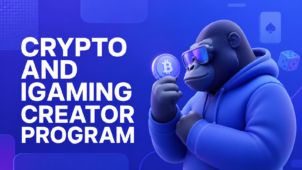ICODA Crypto and iGaming Creator Program banner: gorilla mascot holding a Bitcoin coin beside a playing card and dice.