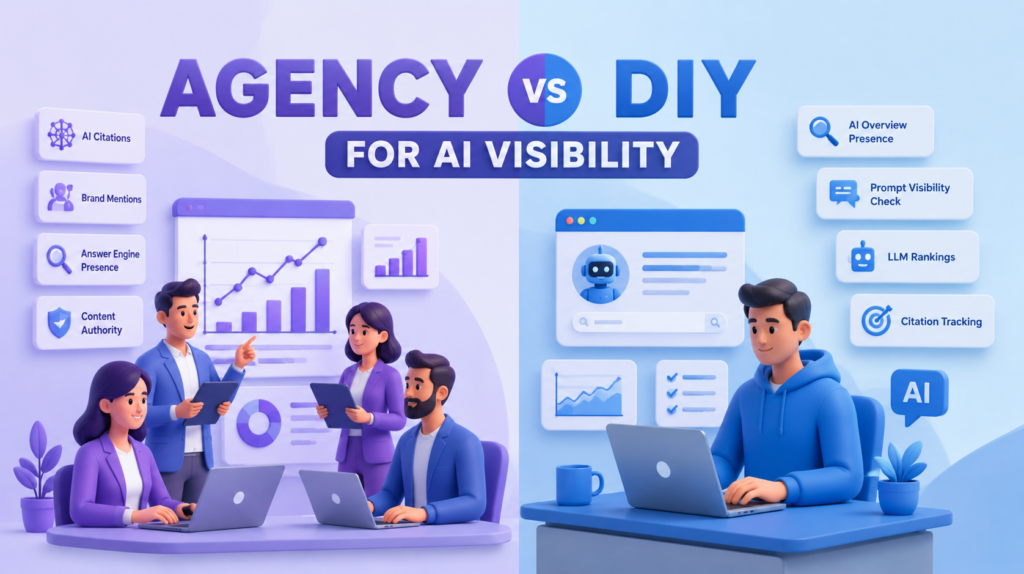 Agency vs DIY AI visibility illustration showing an AI marketing agency team with strong citations, brand mentions, and rising metrics contrasted with a struggling DIY marketer facing declining LLM rankings and low AI visibility.