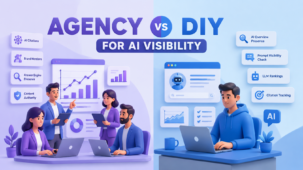 Agency vs DIY AI visibility illustration showing an AI marketing agency team with strong citations, brand mentions, and rising metrics contrasted with a struggling DIY marketer facing declining LLM rankings and low AI visibility.
